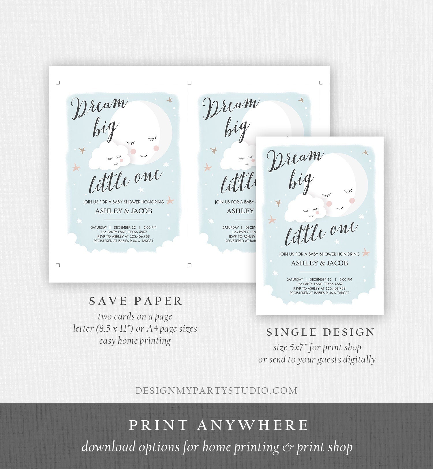 dream big little one baby shower invitations
