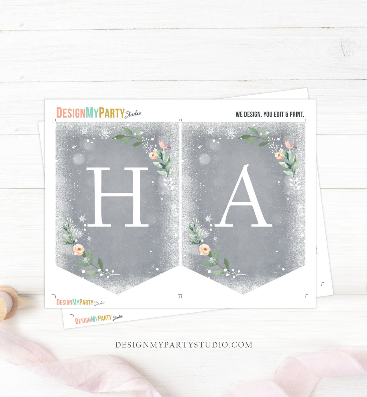 Happy Birthday Banner Winter Onederland Birthday Banner Deer Pink Snow -  Design My Party Studio