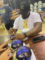 Ray Lewis signing Baltimore Ravens Blaze Mini Helmets