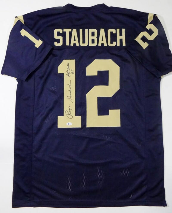 Roger Staubach Autographed Navy Blue College Style Jersey w/ Heisman- – The  Jersey Source