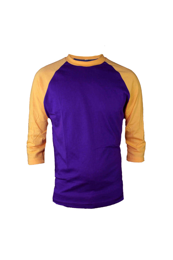 purple and gold raglan shirt