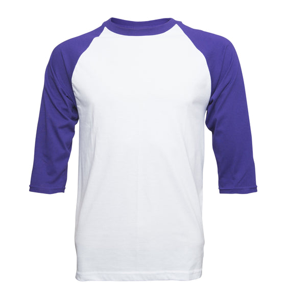 purple and white baseball shirt