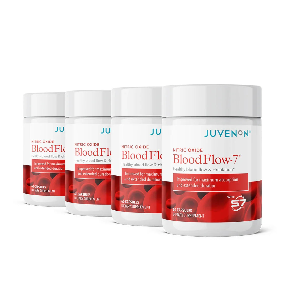 Four bottles of Juvenon BloodFlow-7 nitric oxide capsules.