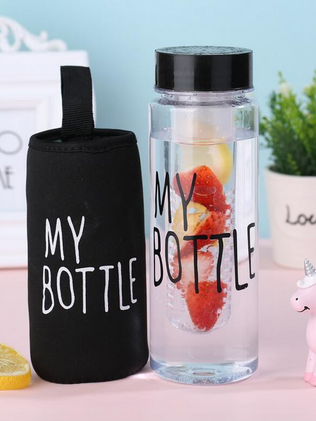 1pc Letter Graphic Clear Water Bottle With 1pc Bottle Bag