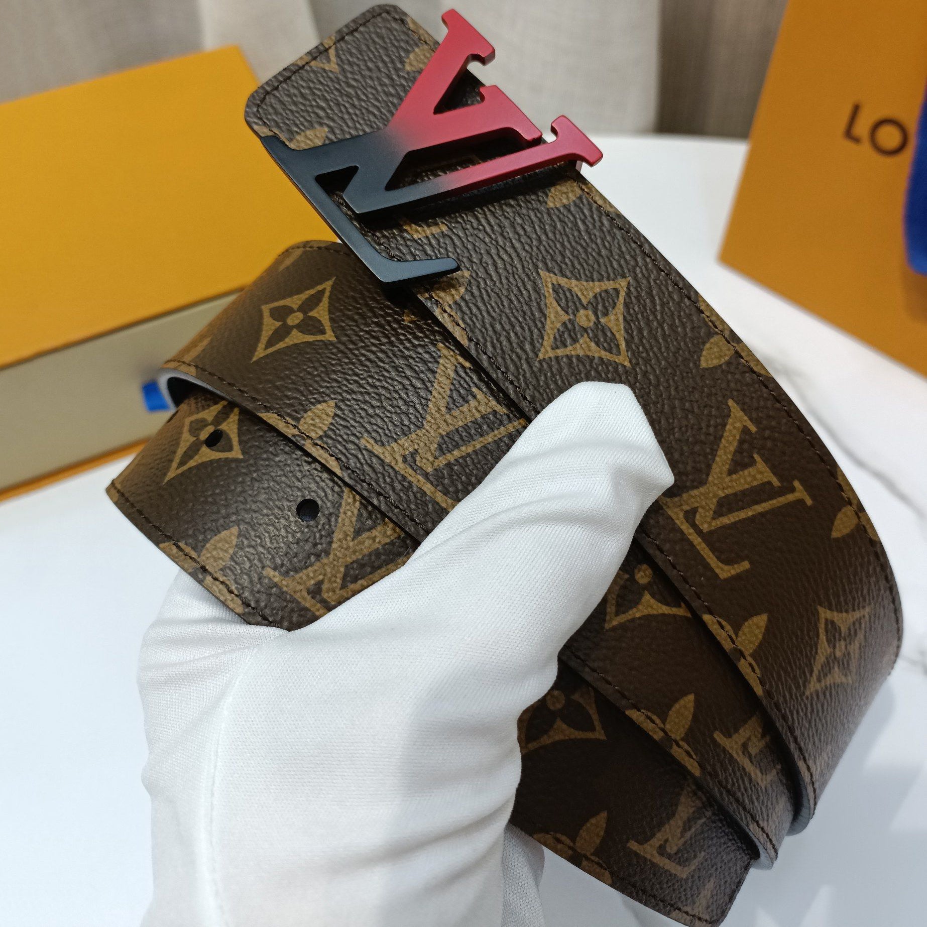 LV Louis Vuitton Classic Print Leather Belt Smooth Buckle Belt