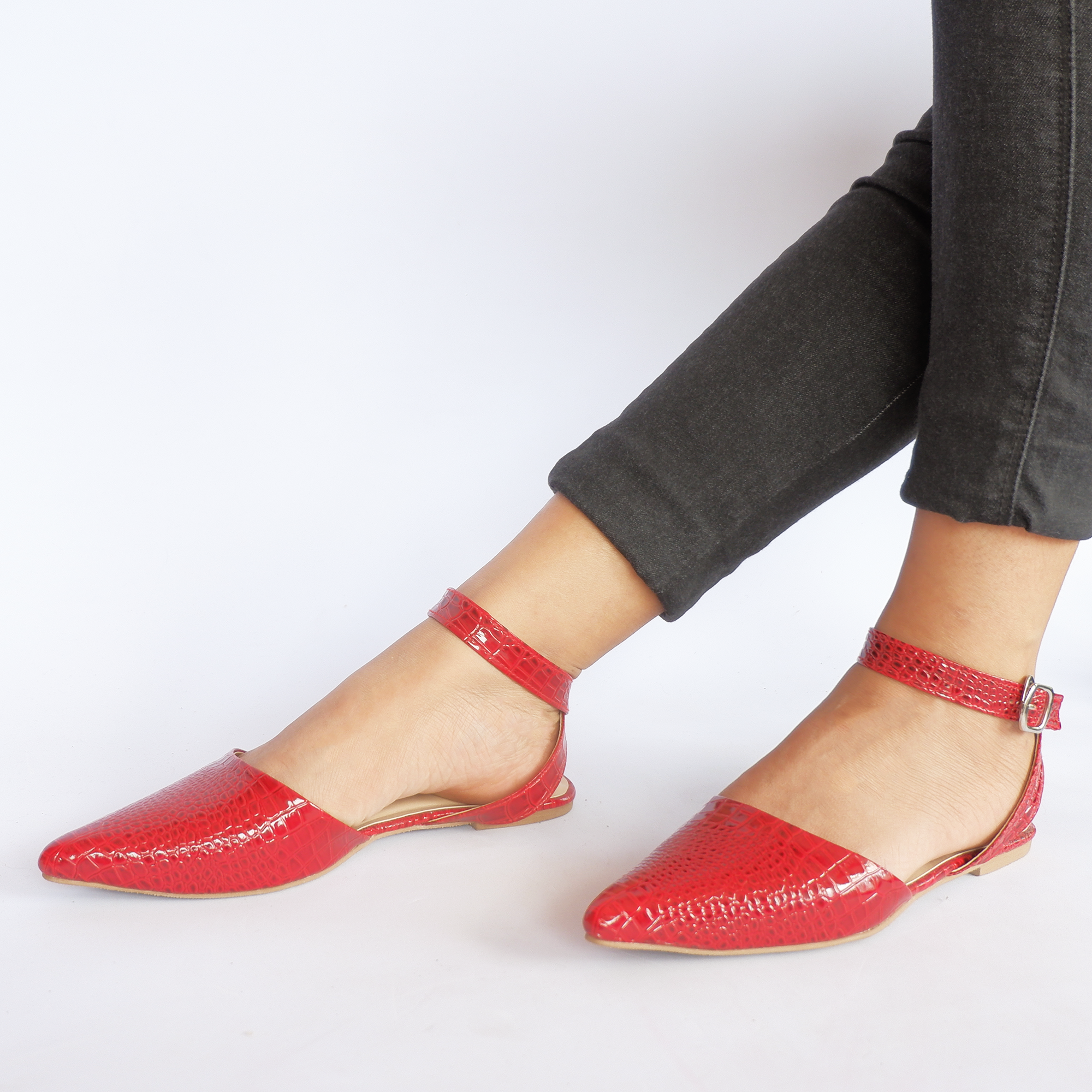 red suede pointed flats