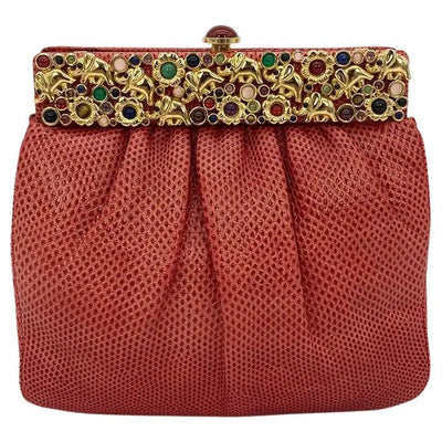 Judith Leiber Genuine Lizard Skin Evening Clutch Bag - Red Luxury Designer Purse for Women