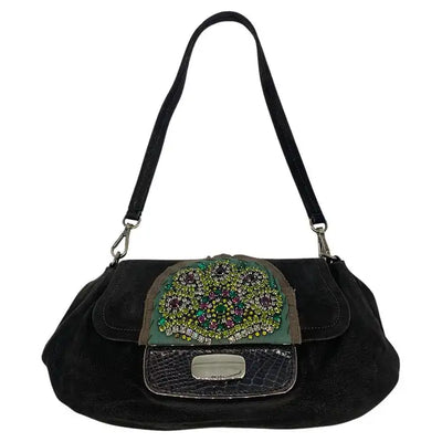 Prada Black Suede Alligator Shoulder Bag with Rhinestone Flap Closure | Genuine Leather Handbag for Women