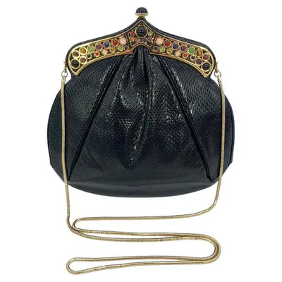 Judith Leiber Black Lizard Gemstone Top Handle Shoulder Bag | Luxury Designer Handbag for Women