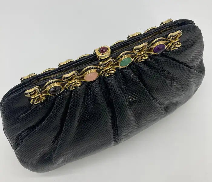 Judith Leiber Black Lizard Crystal Clutch with Multi-Color Gemstones | Luxury Evening Bag