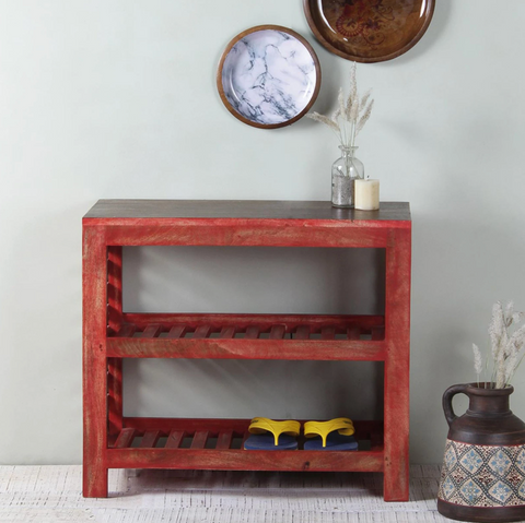 red shoe cabinet for the entryway