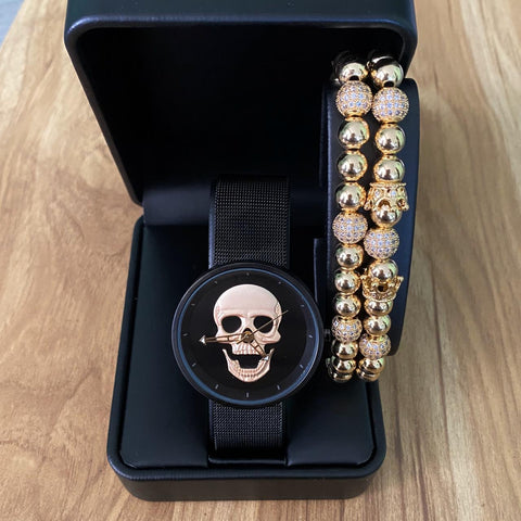 RELOJ Y PULSERAS DE CALAVERA PARA DAMA