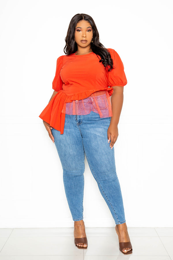 Stylish Plus Size Peplum Top with Mesh Appliques