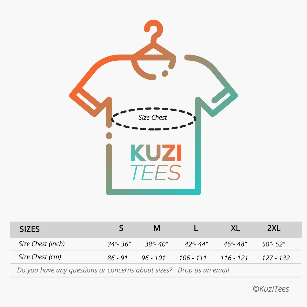 KuziTees Garment sizes