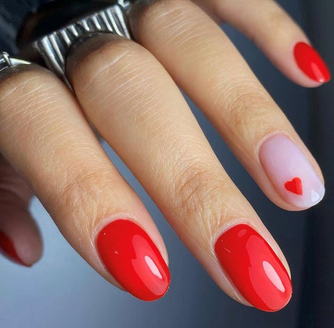 Red heart Valentine's Day inspired nail art using Halo Gel Polish