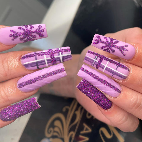 purple plaid christmas nails