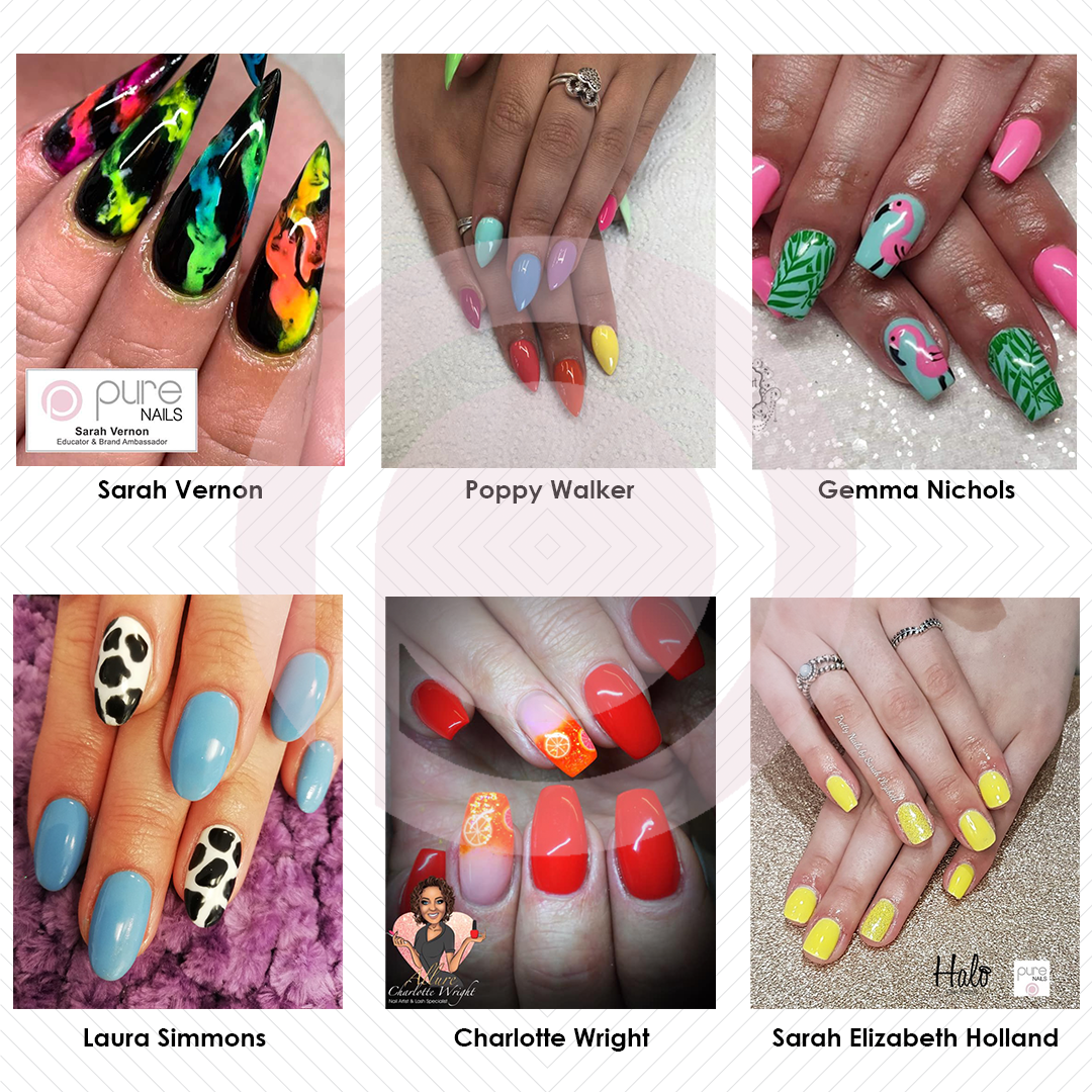 Collage of bright, vibrant summer inspired nail art using Halo Gel Polish