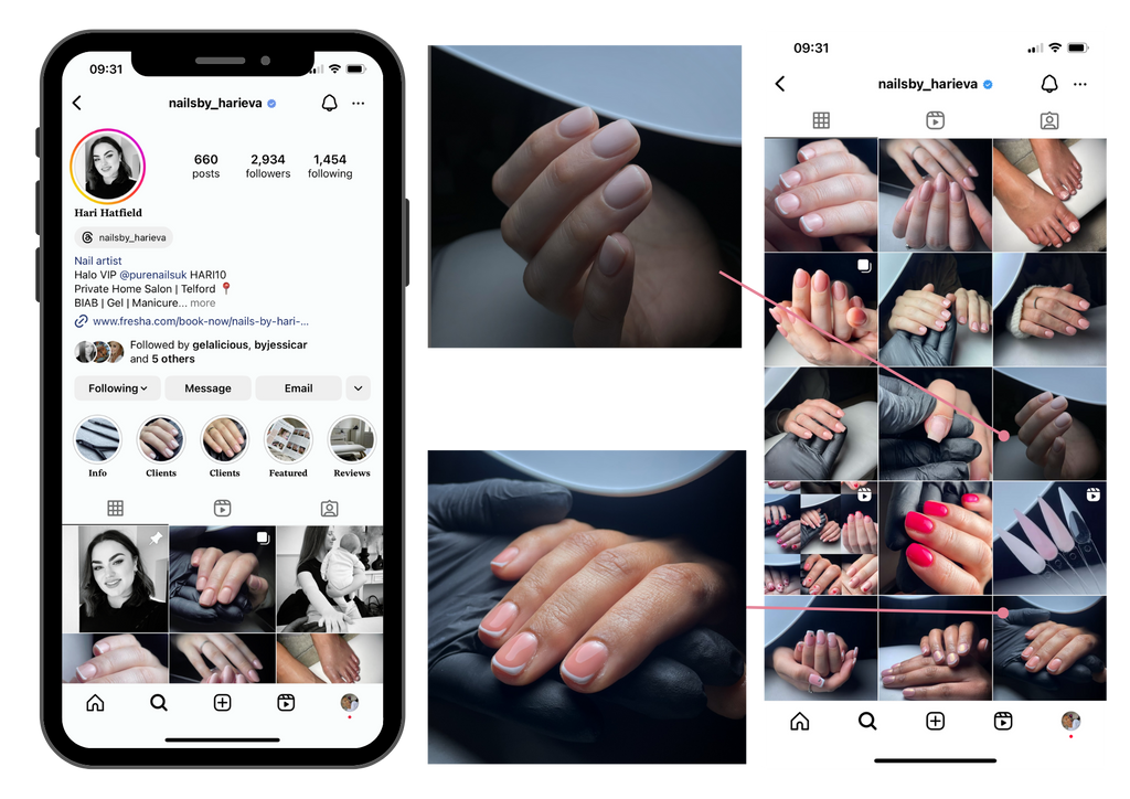 Collage showing the Instagram profile of nailsby_harieva with images of her nail art, such as french manicure nails, and halo gel colours by pure nails