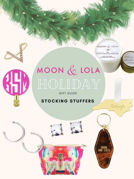A gift guide for stocking stuffers including earrings, ornaments, rings, finials, bags, keychains, and candles. 