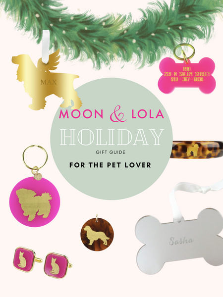 Holiday gift guide for the pet lovers in your life showing keychains, charms, ornaments, cuff links, dog tags, bangles, and ornaments. 