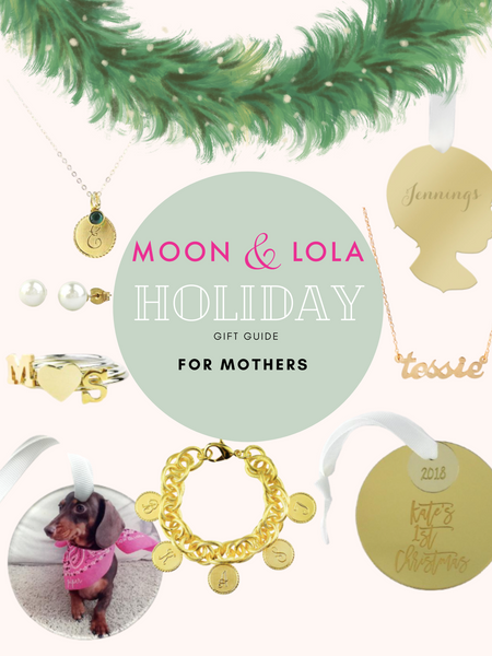 A holiday gift guide for mothers including personalized ornaments, necklaces, rings, pearls, necklaces, and bracelets.  