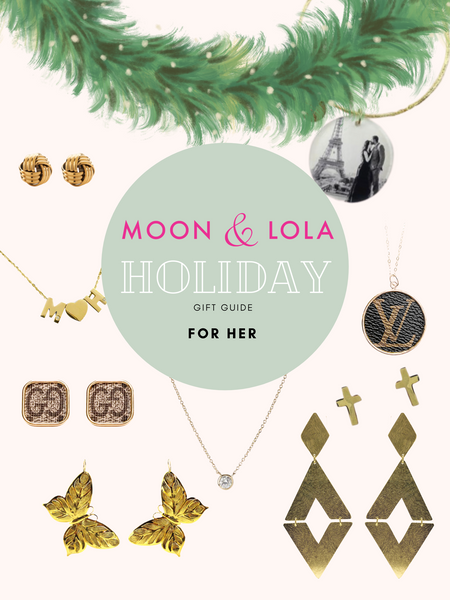 Holiday gift guide for her including earrings, necklaces, bracelets, and designer finds