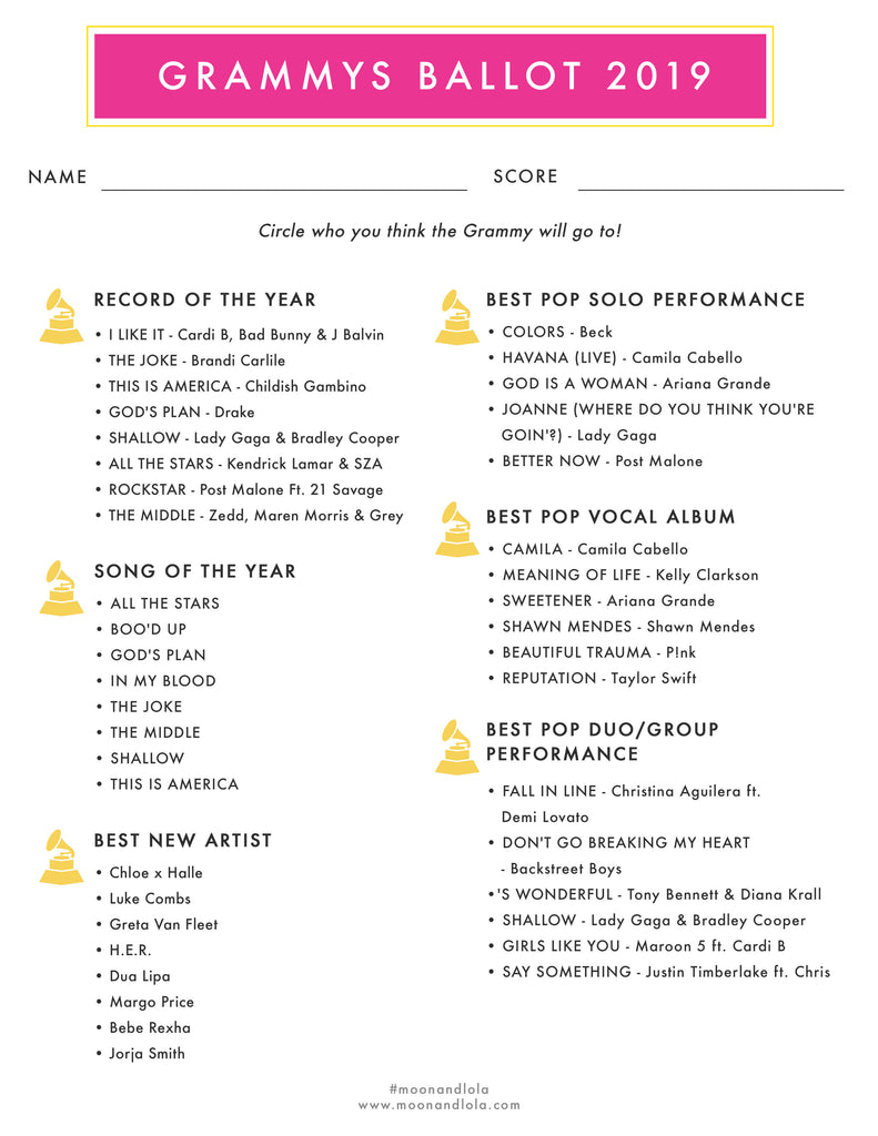 Moon and Lola Printable Grammys 2019 Ballot