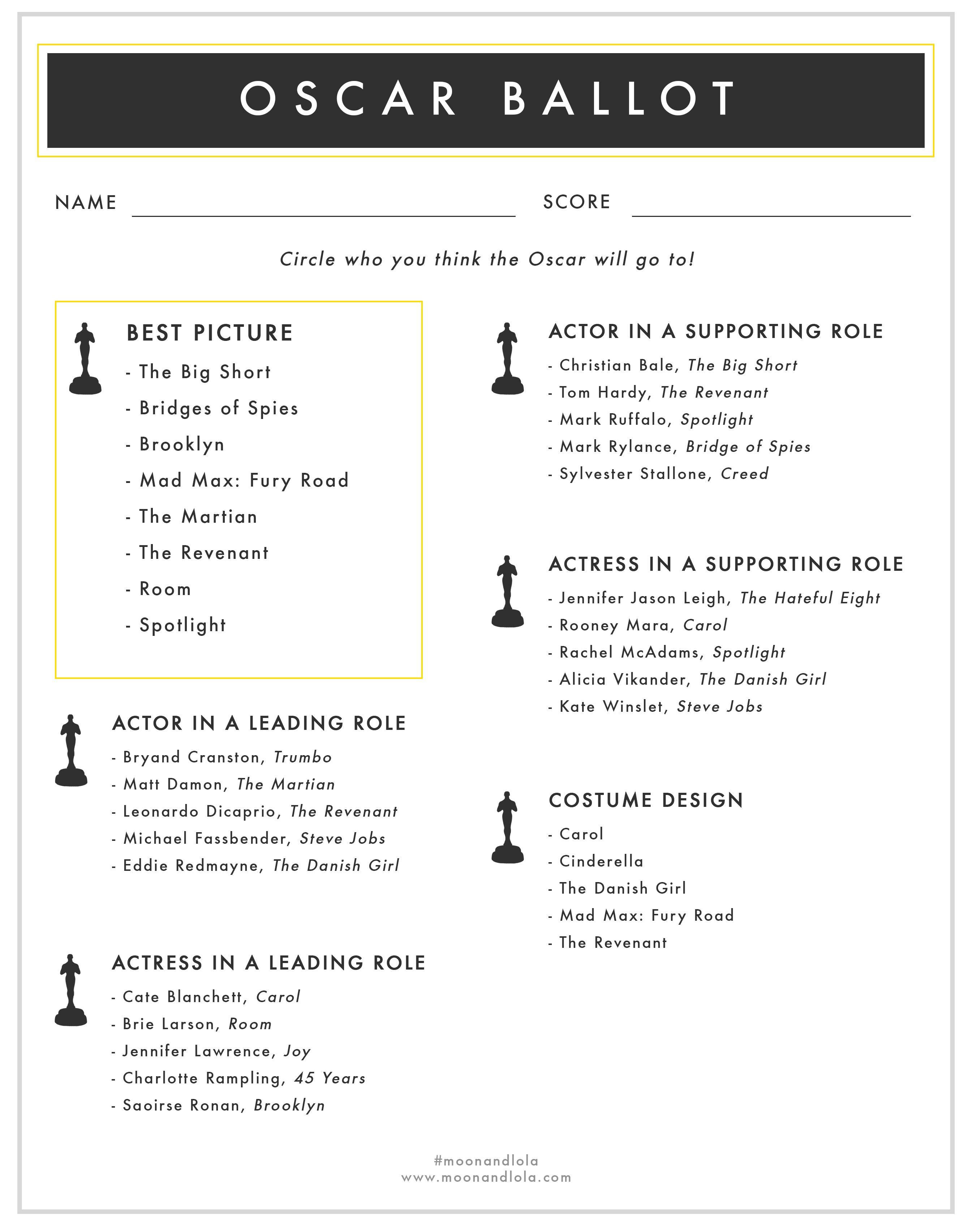 Printable Oscar Ballot Moon and Lola