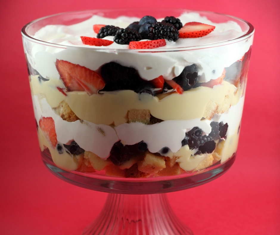 Strawberry Blueberry Layered Trifle Dessert. Star Spangled 8-Layer Trifle. Summer Dessert Recipe.