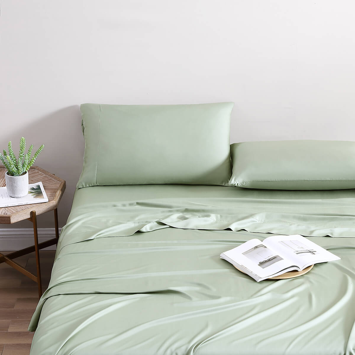 Premium Bamboo Sheet Set. Bamboo bedding. Bamboo sheets. Eco-friendly sheets. Sustainable sheets. Sustainable bedding. Sustainable home essentials. Bamboo products. Sage Green bedding.