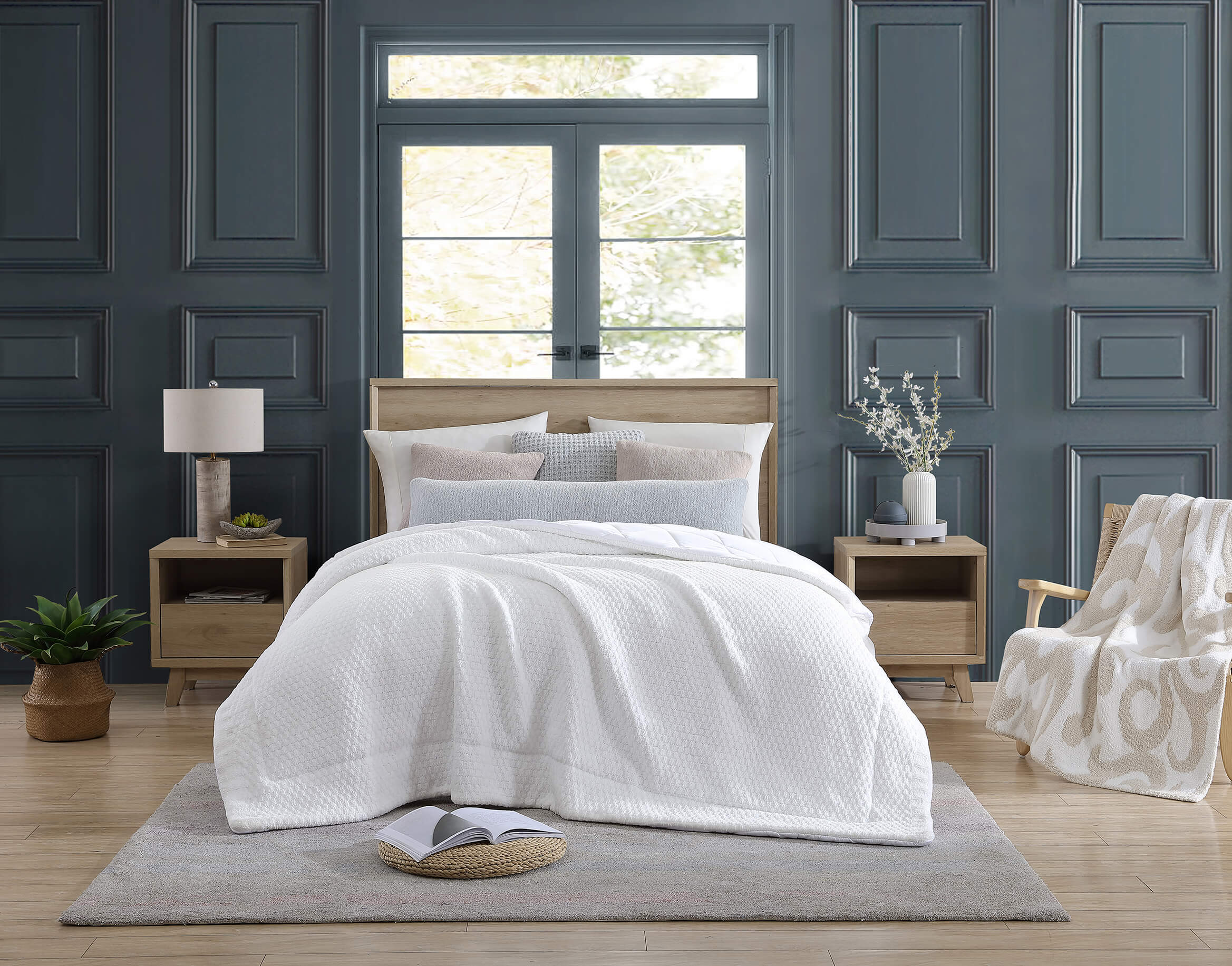 Bedroom accent wall. Accent wall for the bedroom. Dark accent wall. Gray coal accent wall. Modern Victorian bedroom aesthetic. White comforter with colored pillows. White bedding with neutral decor pillows. 
