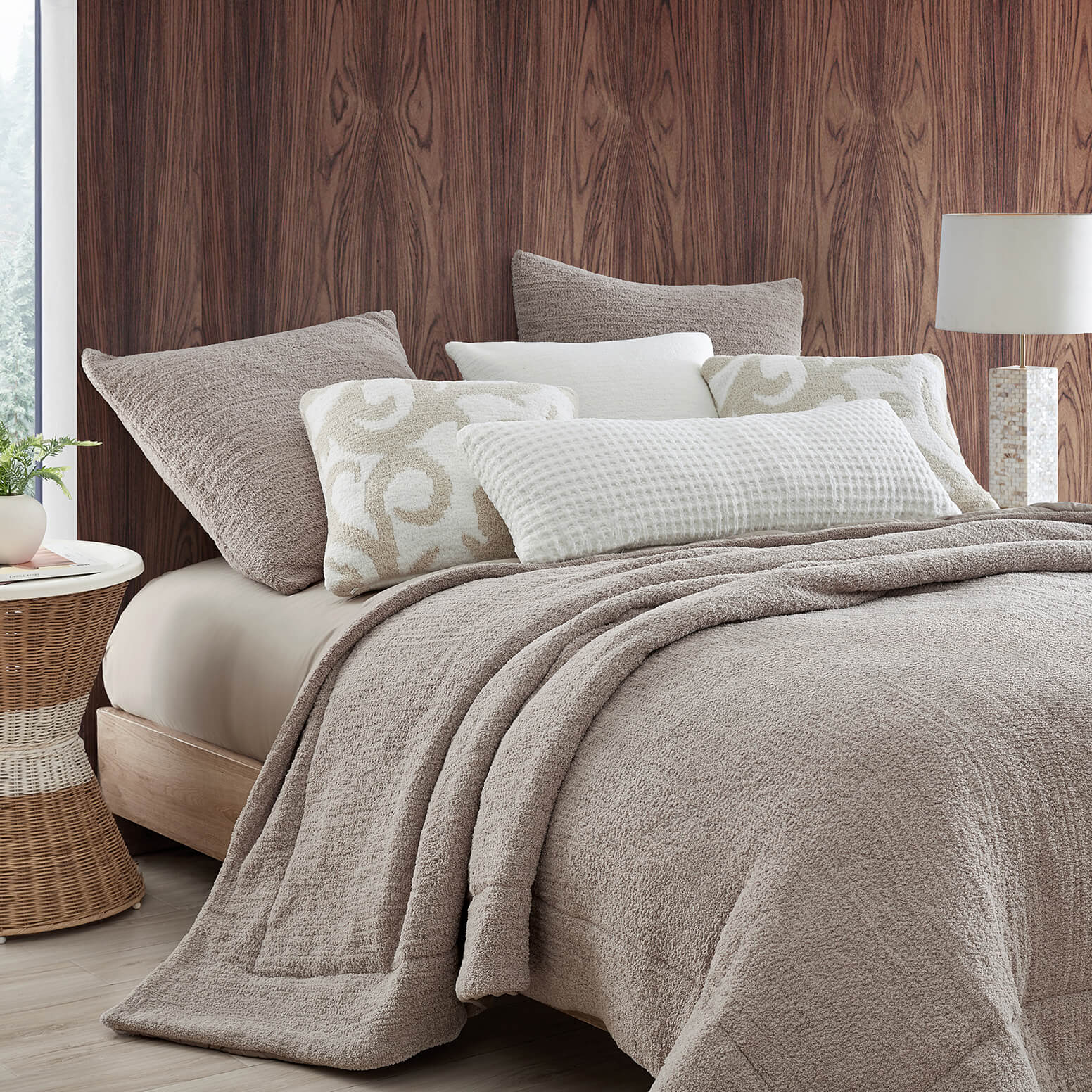 Snug Comforter in Taupe. Taupe comforter. Earthy neutral bedding inspiration. Cabin in the woods bedroom decor. Cozy winter bedroom decor. Taupe bedding. Neutral bedding. Beige and Taupe neutral bedding. Beige bedroom accents.