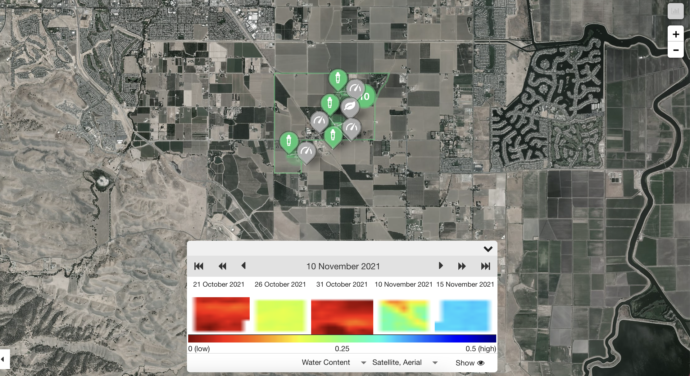 Screenshot of our online data dashboard showing water content in the soil by orchard