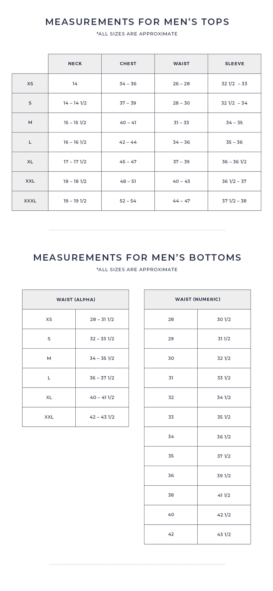 Men's Size Chart - Size Guide for Men's Clothing