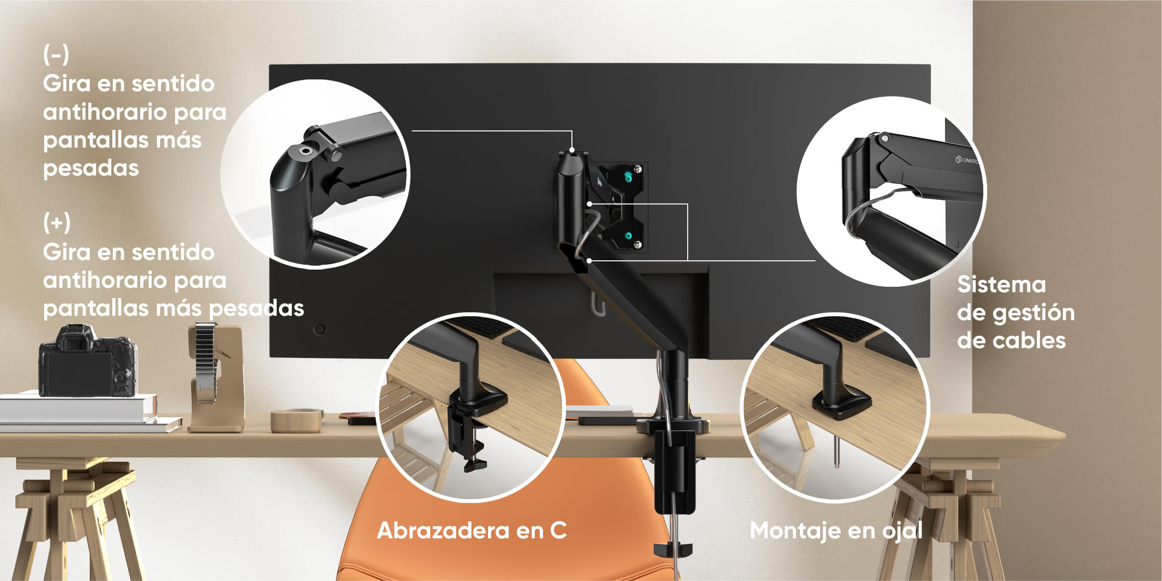 ONKRON Soporte de brazo articulado para Monitor 13-32, peso max. 9 kg, negro G100-B