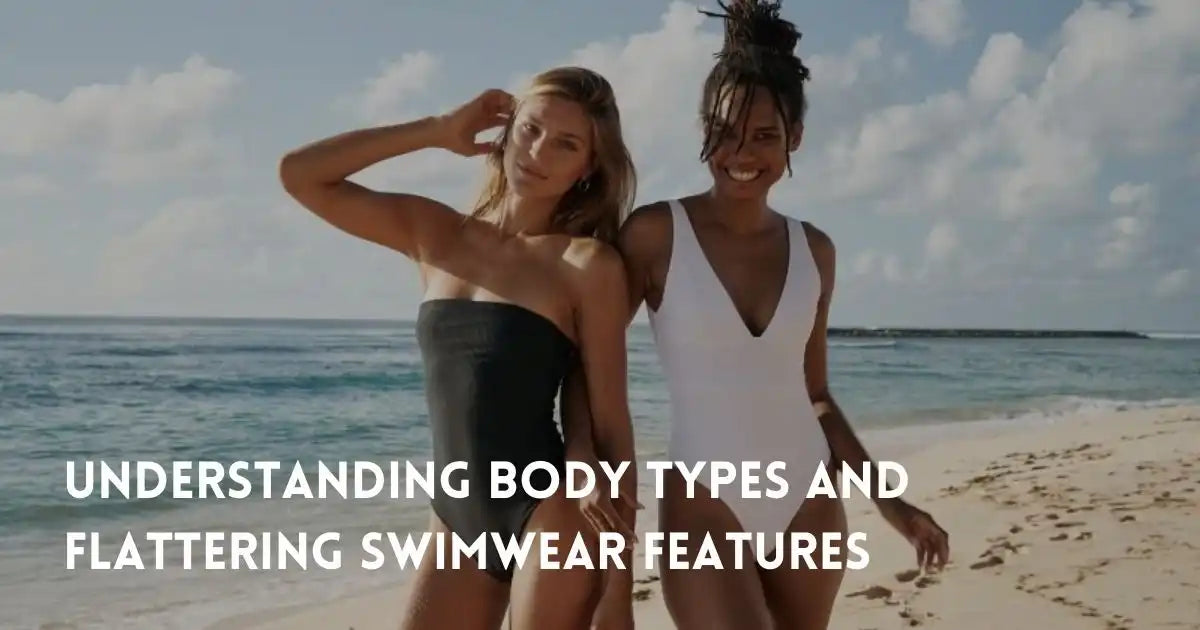 Two women in stylish one-piece swimwear walk along a sandy beach
