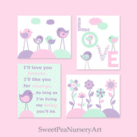 Set of four pink, purple and mint bird nursery art prints