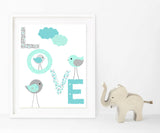 Bird nursery art print with the word LOVE in floral patterns in aqua and grey.