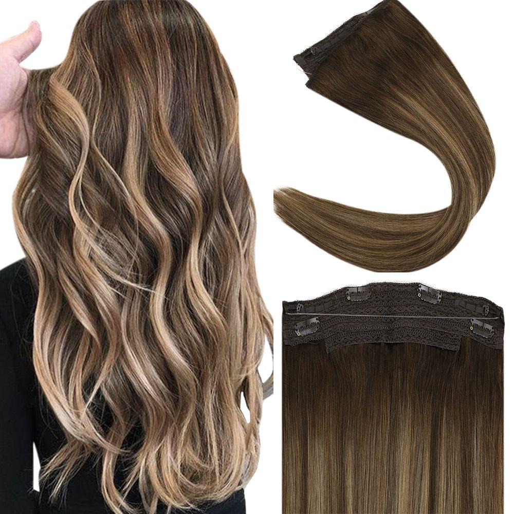 Invisible Wire Halo Hair Human Extensions No Glue Balayage Brown Highl ...