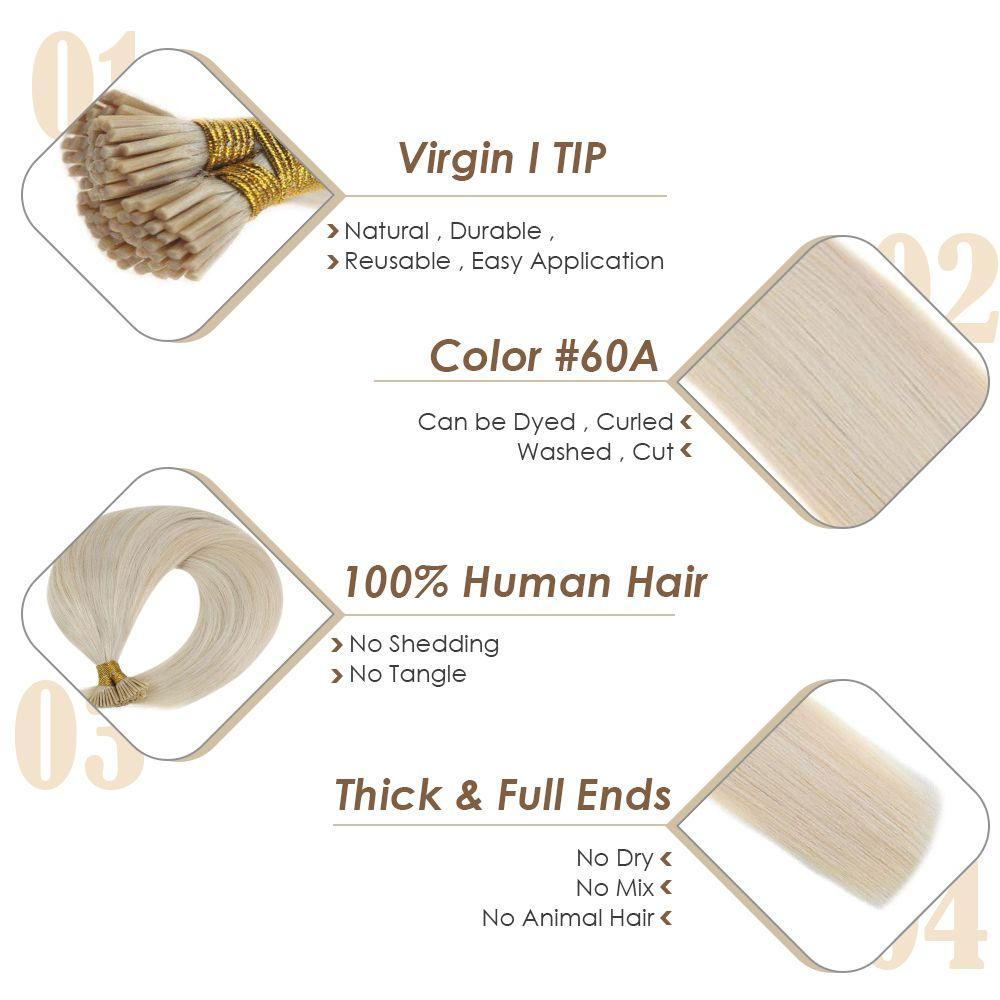 Virgin Stick I Tip Human Hair Extensions Solid Color Platinum #60A ...