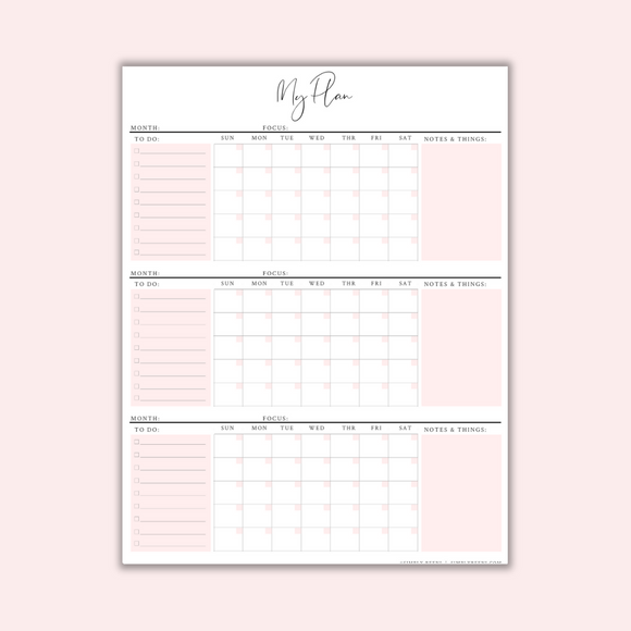 3 Month Calendar Printable Shop Simply Reeni