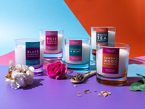 Picture of Lower Lodge Candles New Colour Pop! Collection. 5 luxury scented candles against bright coloured background with elements of fragrance present