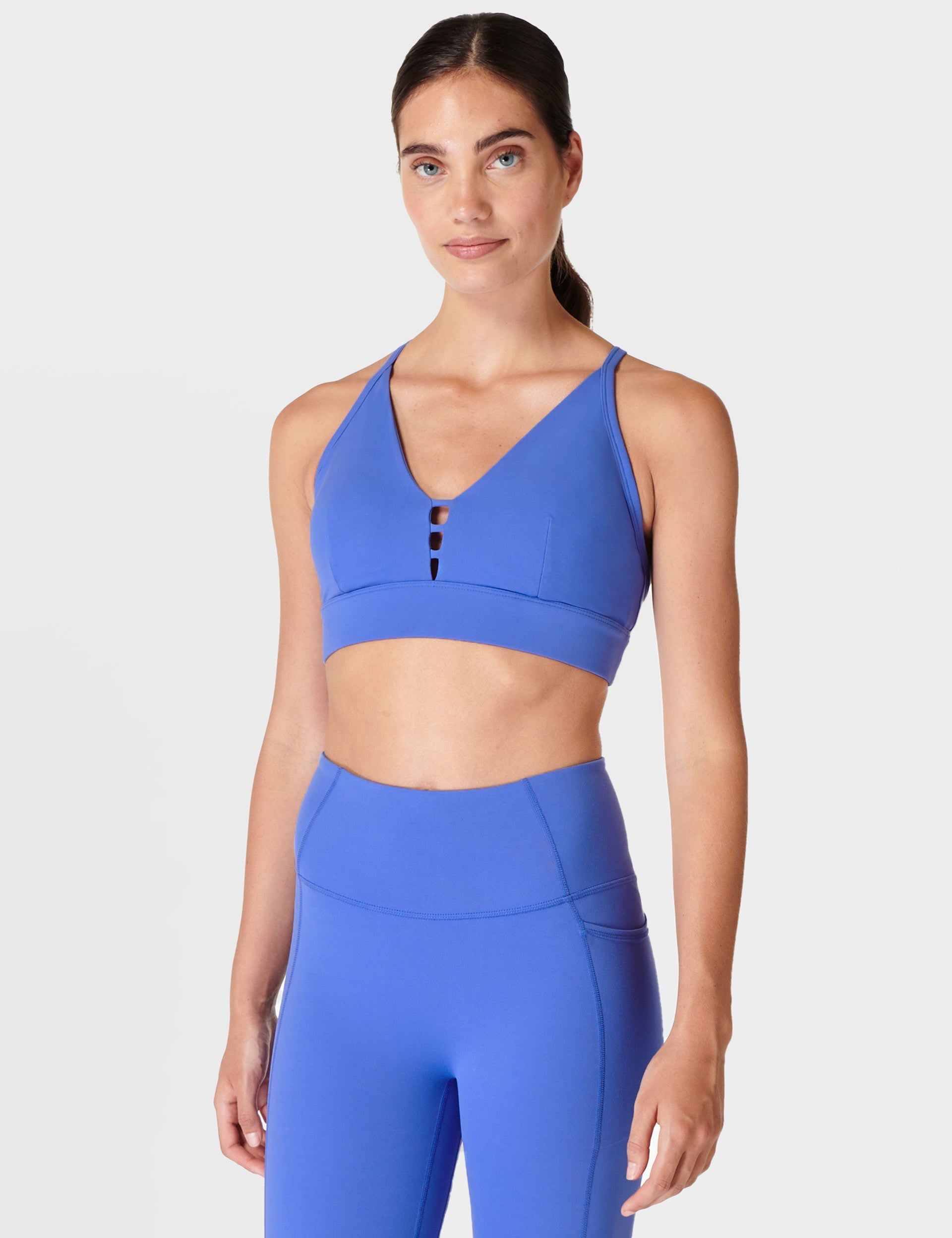 sweaty betty super soft strappy back bra colour theory - calm blue - xs