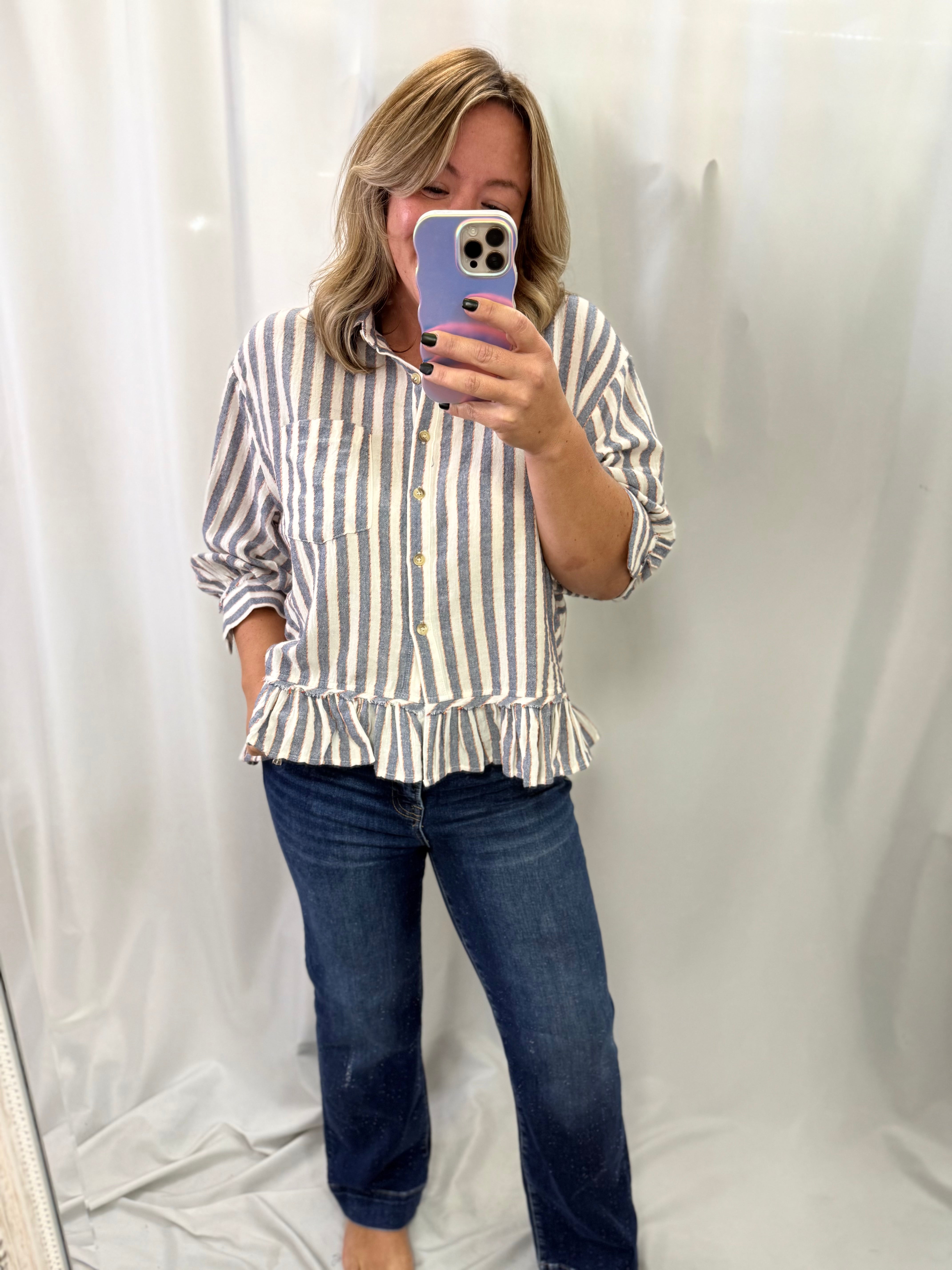 3/4 Sleeve Stripe Linen Ruffle