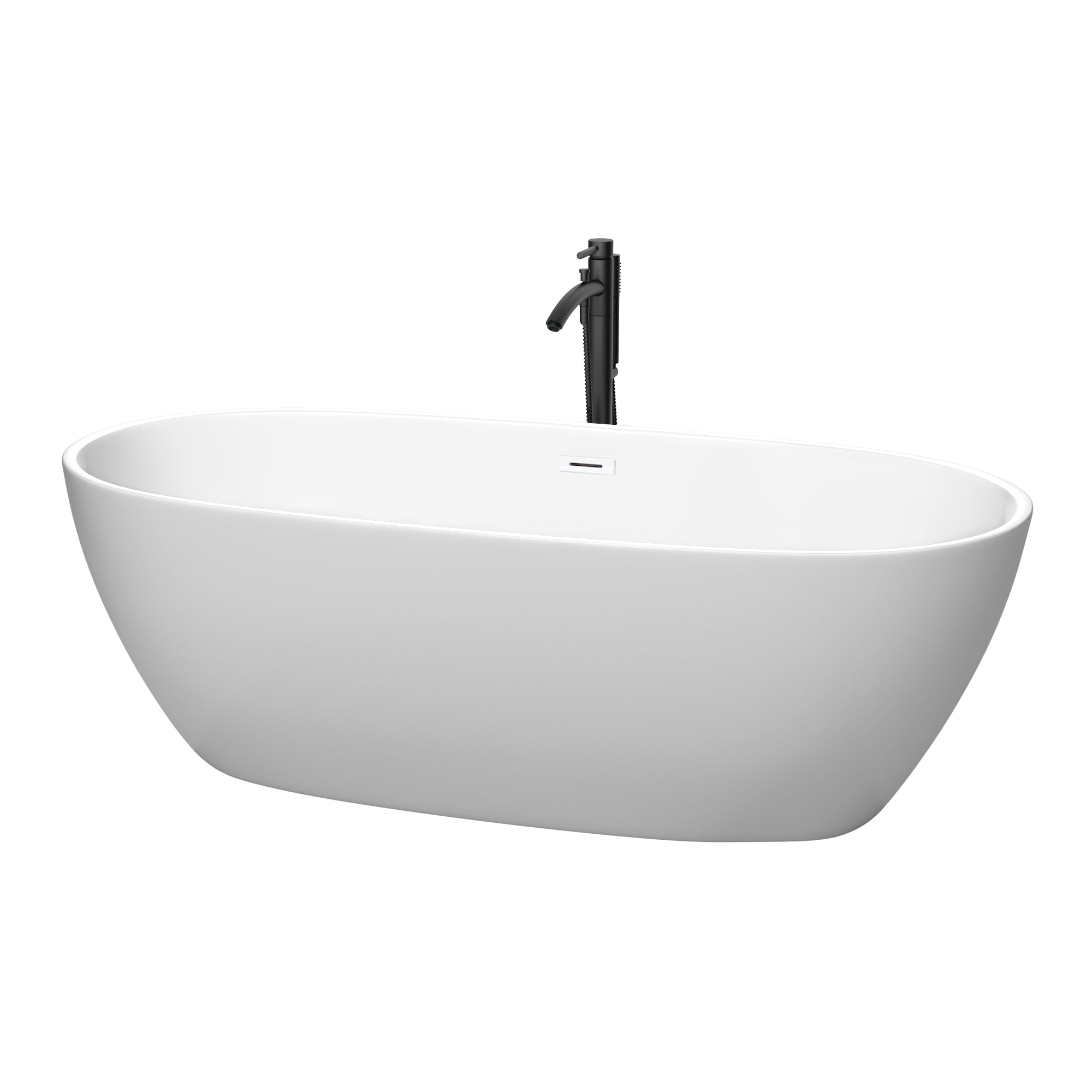 Wyndham Juno 71" Soaking Bathtub in Matte White with Shiny White Trim and Floor Mounted Faucet in Matte Black WCBTE306171MWSWATPBK