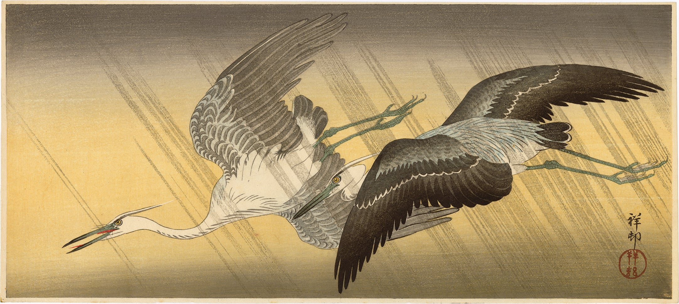 Koson 小原古邨 : Two Grey Herons Flying in a Rain Shower (Sold)