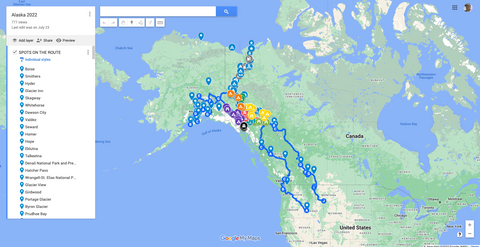 pinned destinations on google maps for an overlanding trip