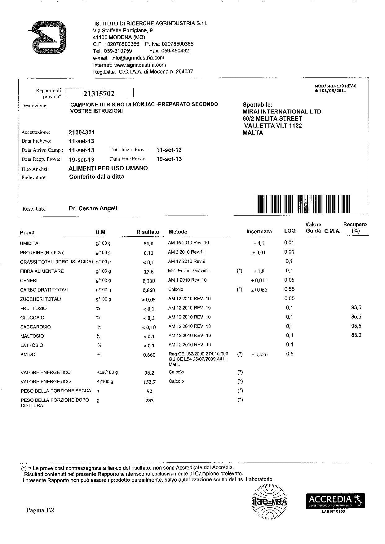 certificato di analisi risino p1