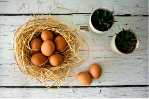 lots of brown eggs in a nest on a wooden table