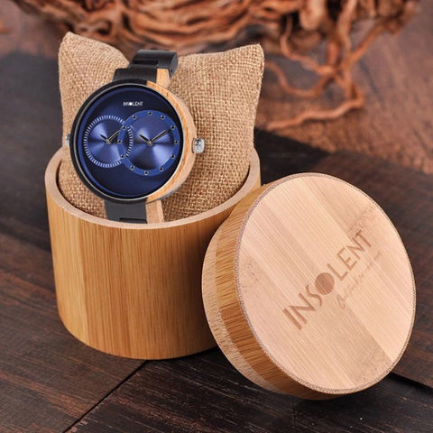 Presentación del Reloj GLOOM BLUE en caja de bambú